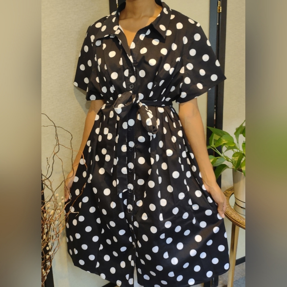 Lane Bryant Black and White Polka Dot Button Down Cotton Dress w/ Belted Bow-26
